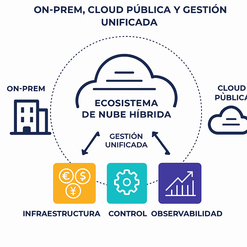 Esquema de nube híbrida: on-prem, cloud pública y gestión unificada